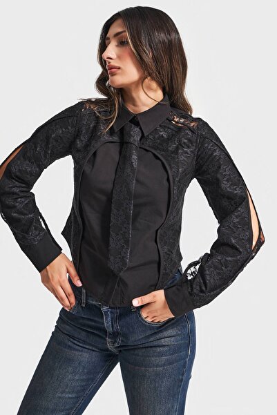 its basic Cămașă cu design special pentru femei, cu dantelă și detaliu de cravată, de culoare neagră