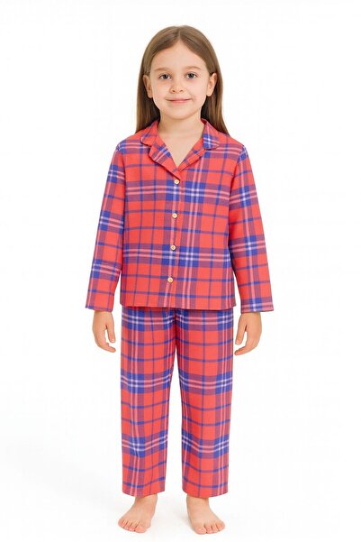 Beka Kids Kız Çocuk Ekose Desenli Önden Düğmeli Pijama Takımı %100 Pamuklu Çocuk Pijama Takımı