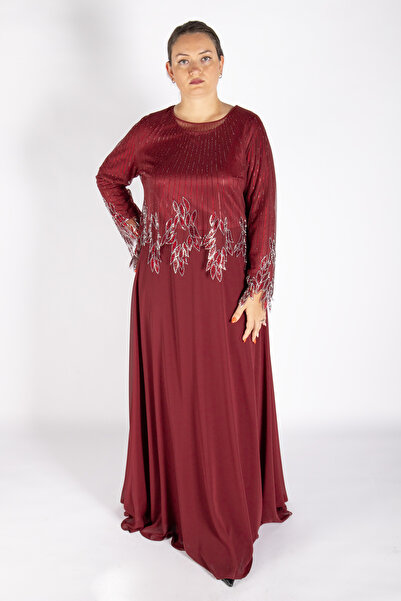 Bedrinxxl Kadın Büyük Beden Bordo Uzun Abiye Elbise Taş İşlemeli Şık Davet Mezuniyet Elbisesi