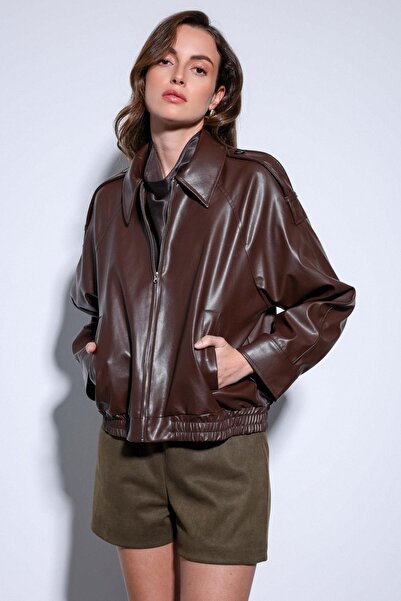 Antioch Brown Faux Leather Bomber Jacket