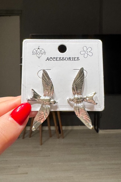 C&E Design Kadın Gümüş Renk Kanatlı Kuş Küpe