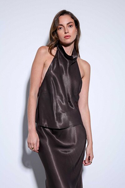 Antioch Coffee Satin Halter Women's Top