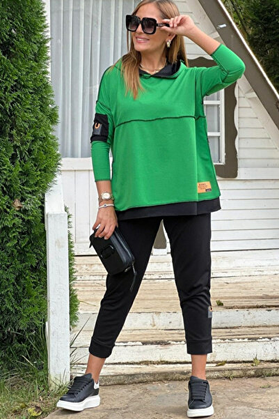 Viyamo Yeni Sezon Kadın Yeşil Kapşonlu Etek Ucu Detay Arma Ters Dikiş Görünüm...