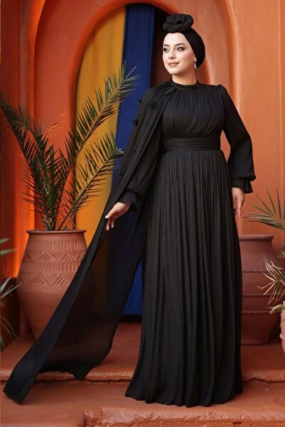 N.S NEVA STYLE Μαύρο Φόρεμα Χιτζάμπ με Λεπτομέρεια Κάπας 5394S