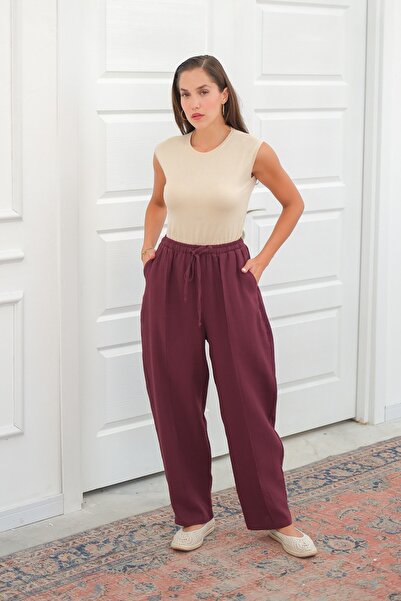 QANU طقم بنطلون موسلين باللون العنابي