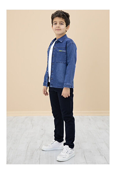 NURTOPU Boys' Set of 3 Pieces, Short-Sleeved Shirt, Denim Bottom, Dark Blue Linen Pants, Seasonal