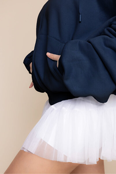 The Champ Clothing Γυναικείο φούτερ με κορδόνια σε μπλε ναυτικό με κουκούλα – Φούτερ με φερμουάρ 3 κλωστών Ş επένδυση fleece O oversized Αθλητικό στυλ