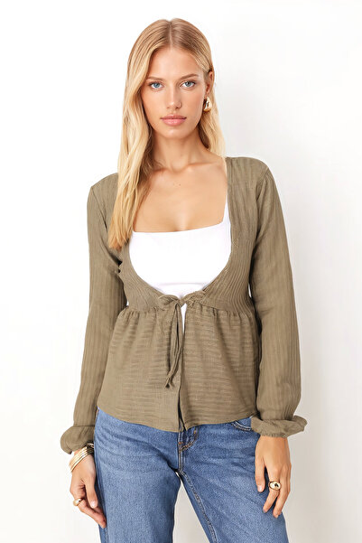 armonika Women's Khaki V-Neck Soft Textured Tie-Front Knit Cardigan with Elastic Sleeves Arm-26K001010