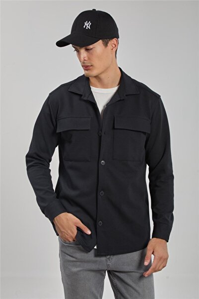 BARRELS AND OIL Men's Double Pocket Shirt - Navy Blue