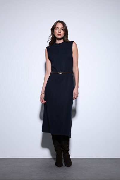 Antioch Navy Blue Belt Detailed Women's Midi Dress