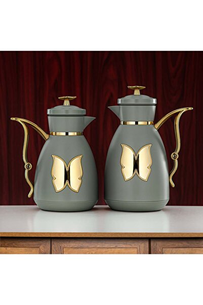 Radin Vacuum Flask Set Plastic Push Button 0.7 L + 1 L Green & Gold