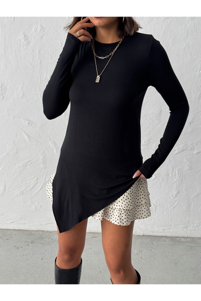 MELA ROSSA Γυναικεία μαύρη ασύμμετρη φούστα με λαιμόκοψη από βισκόζη ελαστική μπλούζα τουνίκ