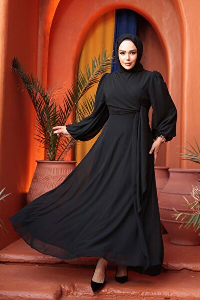 N.S NEVA STYLE Μαύρο Φόρεμα Χιτζάμπ με Λεπτομέρεια Δεσίματος 62261S