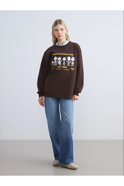 LC Waikiki XSIDE Kahverengi Snoopy Baskılı Oversize Kadın Kalın Sweatshirt