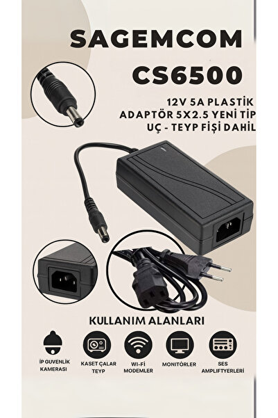SAGEMCOM CS65001 12V 5A PLASTİK ADAPTÖR 5x2.5 YENİ TİP UÇ -TEYP FİŞİ DAHİL
