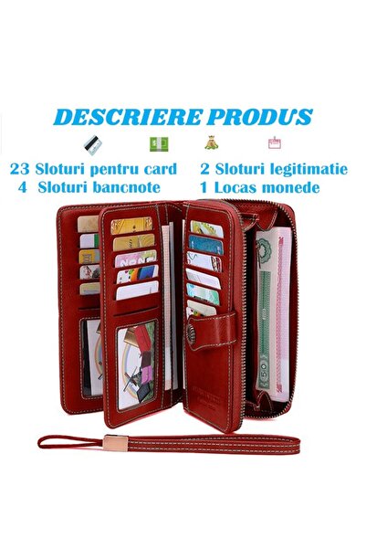 OptimStar Portofel de damă, piele naturală, blocare RFID, 19.5x11.5x3.5cm, 3 compartimente principale, roșu