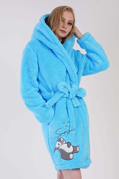 VİENETTA Women's Turquoise Color Welsoft Fabric Hooded Belted Midi Length Dressing Gown with Pockets C7T5N0603