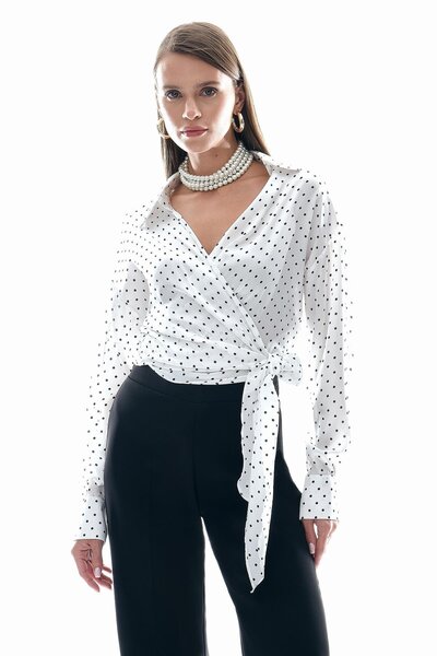 EXPLOSION Kruvaze Desenli Saten Bağlamalı Bluz