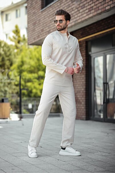 Madmext Beige 100% Cotton Linen Men's Shirt Set E7310