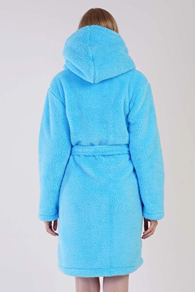 VİENETTA Women's Turquoise Color Welsoft Fabric Hooded Belted Midi Length Dressing Gown with Pockets C7T5N0603