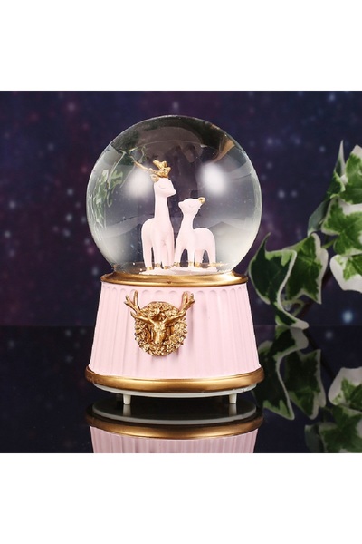 Livava Geyik ve Yavrusu Orta Boy Kar Küresi Işıklı, Müzikli, Pembe, 12x8