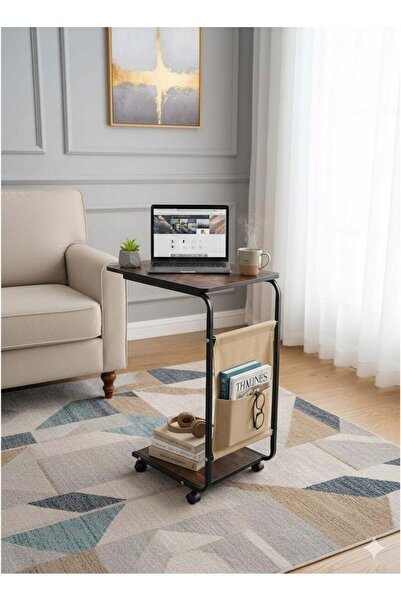 Generic طاولة جانبية متحركة بعجلات مناسبة للمساحات الصغيرة، طاولة خشبية بعجلات وإطار معدني