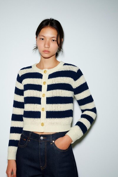 HAKKE Şık Kalın Düğmeli Çizgili Triko HIRKA