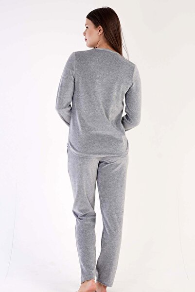 VİENETTA Set de pijamale pentru femei, gri melange, cu decolteu rotund, cu mâneci lungi, cu picioare drepte C0T1N0603