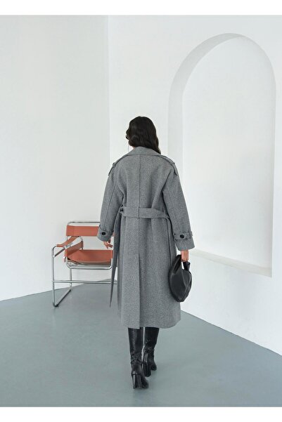 Behills Women's Gray Cashmere Coat Long Winter Belted Stylish Overcoat Jacket