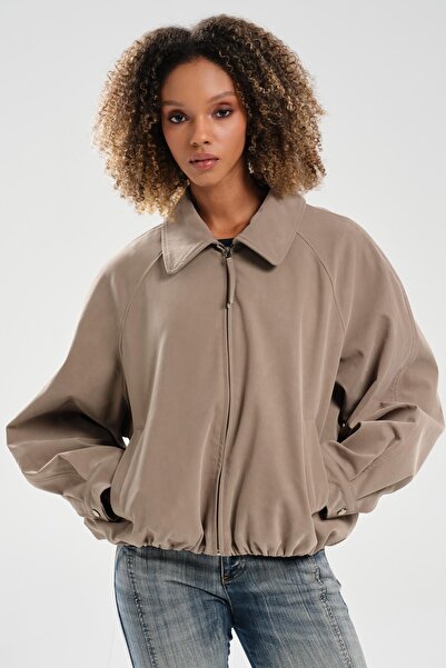 tw3 Jachetă de damă din piele de căprioară cu design cu balon la tivul fustei