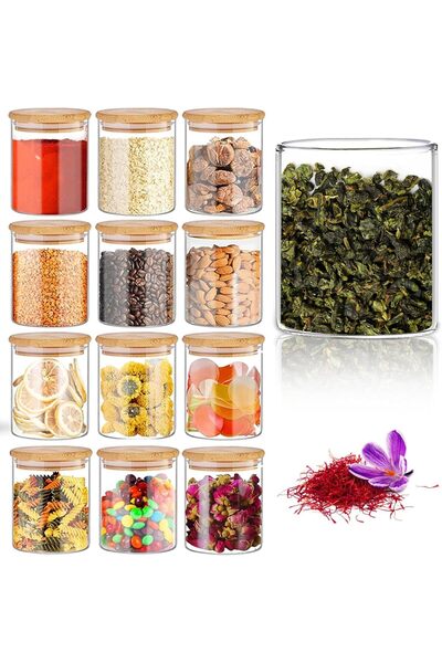 Roomlyne مجموعة مرطبانات تخزين زجاجية من 12 قطعة بأغطية من الخيزران - 200 مل