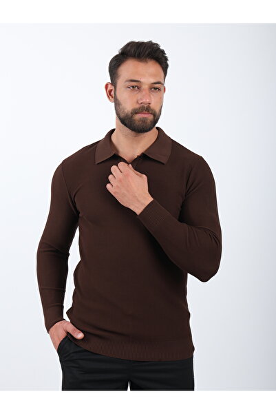 VALERO Men's Standard Fit Regular Cut Polo V-Neck Brown Knitwear Sweater