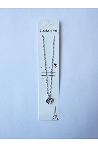 staınless steel Paslanmaz Çelik Kalpli Kolye Gümüş Renk Zarif ve Şık Tasarım