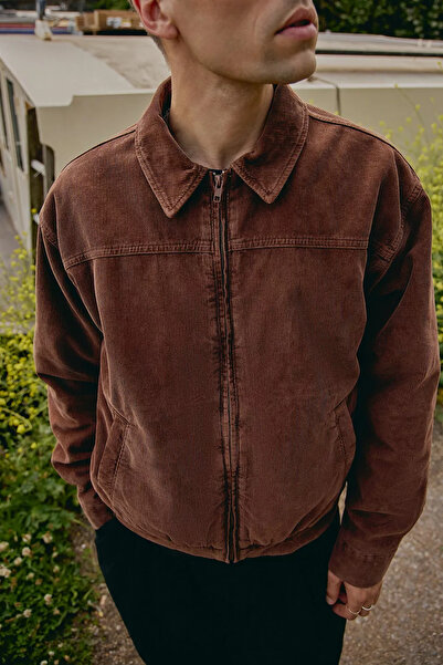 Mokşa Горчиво кафяво кадифено бомбър яке, унисекс, прекалено голямо, сезонно палто