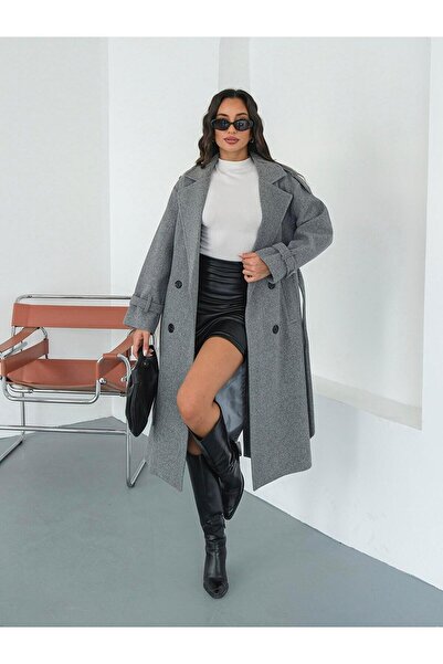 Behills Women's Gray Cashmere Coat Long Winter Belted Stylish Overcoat Jacket