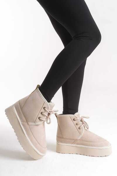 FEYZ BUTİK حذاء نسائي مريح ذو نعل سميك من جلد الغزال مع أربطة