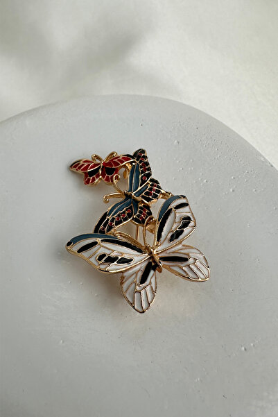 Modex Altın Rengi Renkli Mineli Üç Kelebek Figürlü Broş (4cm)