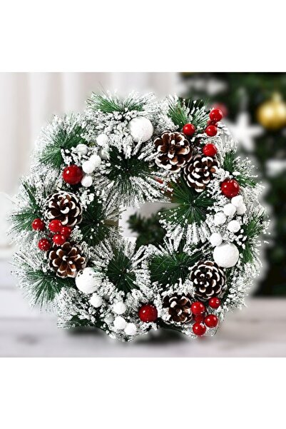 Flippy Χριστουγεννιάτικο Στεφάνι Flippy, 32 εκ., Χιονισμένο Τεχνητό Έλατο, Κώνοι και Κράνμπερι, Πράσινο/Λευκό