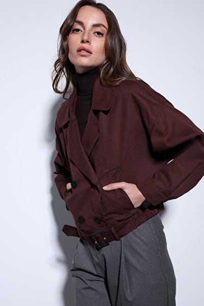 Antioch Burgundy Double Breasted Short Women's Trench Coat