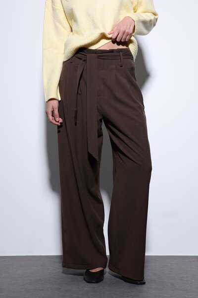 Antioch Brown Belted Pleated Wide Women's Trousers