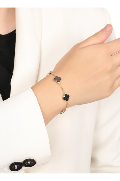LİNOVE JEWELLERY Gümüş Siyah Yonca Bileklik, 925 Ayar Gümüş Üzeri Gold Altın ...