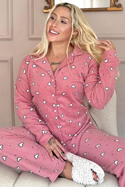 Pijamaevi Pembe Kalp Desenli Önden Düğmeli Peluş Polar Pijama Takımı