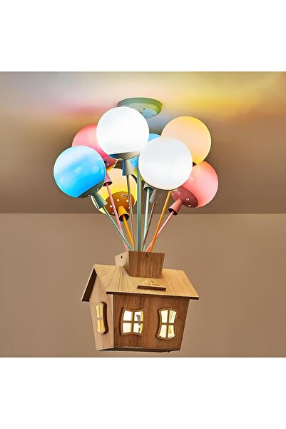 VİSENTE HOME Ahşap Uçan Ev Renkli Balon Avize