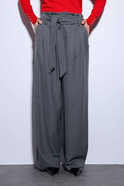 Antioch Gray Belted Pleated Wide Women's Trousers