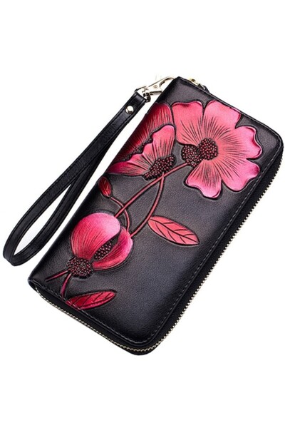 OptimStar Women's wallet, genuine leather, RFID protection, floral ornaments, 20x10.5x2.7cm, Black, Red