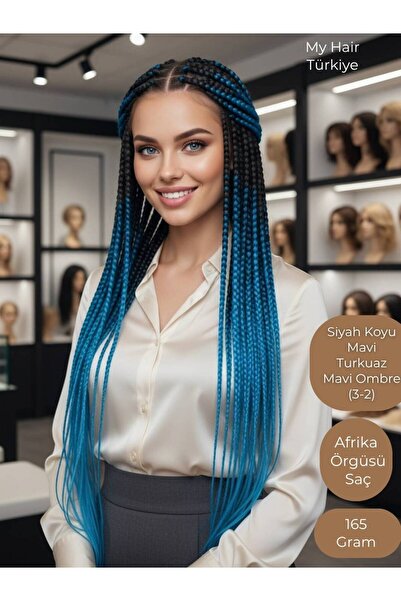 Peruk Ankara 165 Gram Afrika Örgüsü Saç Siyah Koyu Mavi Turkuaz Mavi Ombre