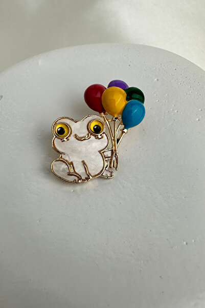 Modex Beyaz Renkli Balon Tutan Kurbağa Broş (4cm)