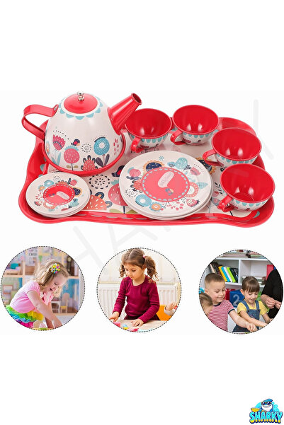 SHARKY Oyuncak Metal Tepsili Çay Fincan Bardak Seti 15 Parça - Metal Demlik V...