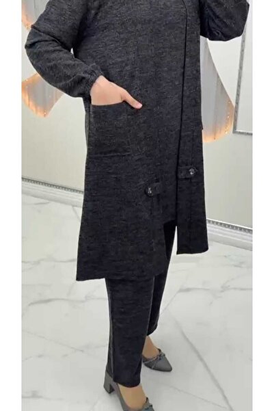 QUAWEAR Cardigan with Button Details on the Sides of the Collar, Pockets, and Pants with Elastic Waistband, Knitted Fabric, 3-Piece Set