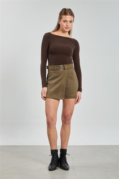 BARRELS AND OIL Women's Belted Suede Shorts Skirt - Khaki